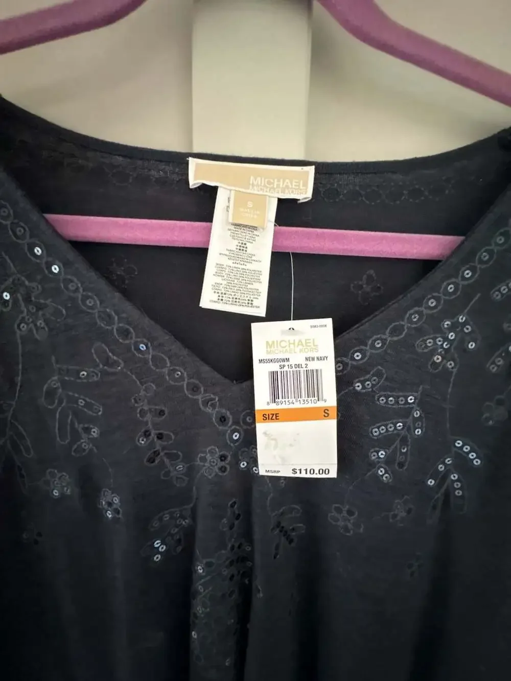 Michael Kors New Navy Embroidered Sequin V-Neck Linen Blend Caftan Top